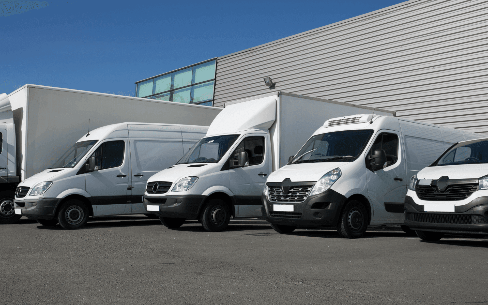 a group of white vans parked outside a building