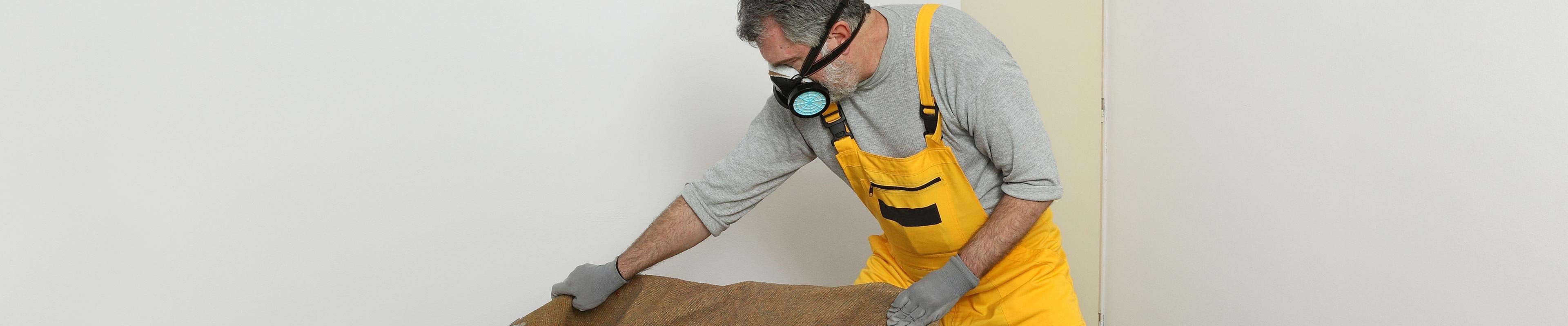 man ripping up carpet wearing a respirator
